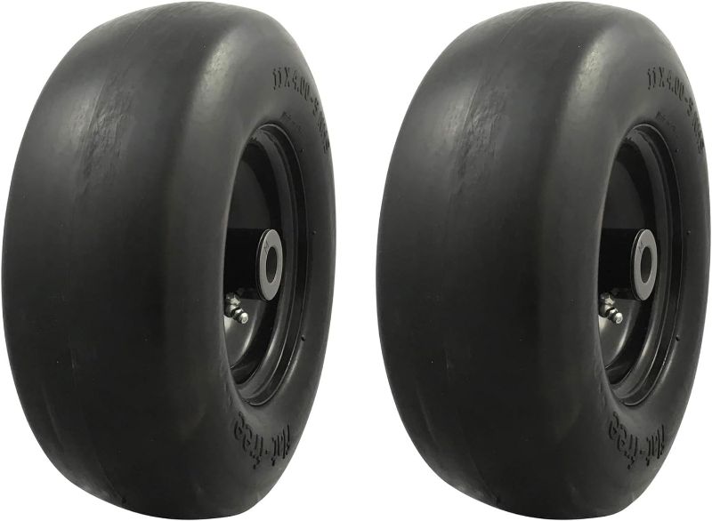 Photo 1 of (READ NOTES) MARASTAR 00232-2pk Universal Fit Flat Free 11x4.00-5 Lawnmower Tire Assembly, Black
