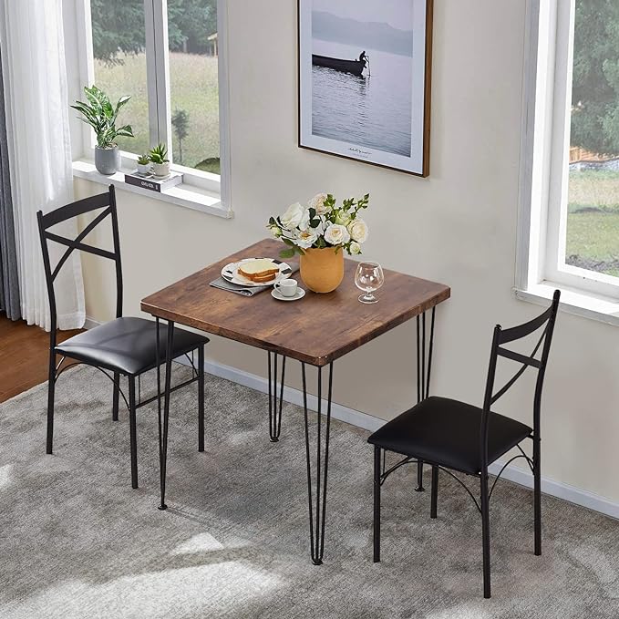 Photo 3 of (READ NOTES) VECELO 3-Piece Table Chairs with Metal Legs for Kitchen, Dinette, Breakfast Nook, Dining Set for 2, Retro Brown and Black
