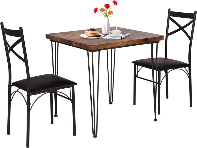 Photo 1 of (READ NOTES) VECELO 3-Piece Table Chairs with Metal Legs for Kitchen, Dinette, Breakfast Nook, Dining Set for 2, Retro Brown and Black
