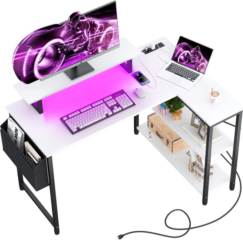 Photo 1 of (READ NOTES) Homieasy L Shaped Computer Desk with LED Strip & Power Strip, 47 Inch Corner Desk with Monitor Stand Reversible Storage Shelves, Modern Simple Home Office Gaming Desk with Storage Bag(White)
