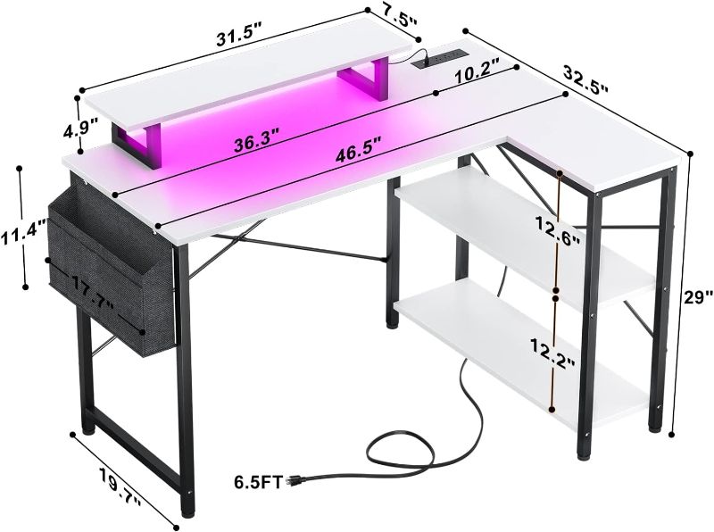 Photo 4 of (READ NOTES) Homieasy L Shaped Computer Desk with LED Strip & Power Strip, 47 Inch Corner Desk with Monitor Stand Reversible Storage Shelves, Modern Simple Home Office Gaming Desk with Storage Bag(White)
