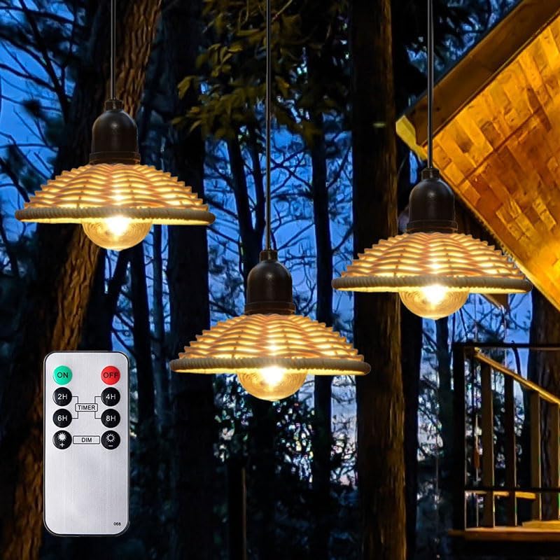 Photo 1 of (READ NOTES) 3 Pack Outdoor Pendant Light Chandelier for Gazebo Battery Operated Hanging Lamp with Remote Control Timer Waterproof LED Lantern Bulb Powered by 4*AA Batteries for Porch Patio Backyard Decor 3 Pack Outdoor Chandelier