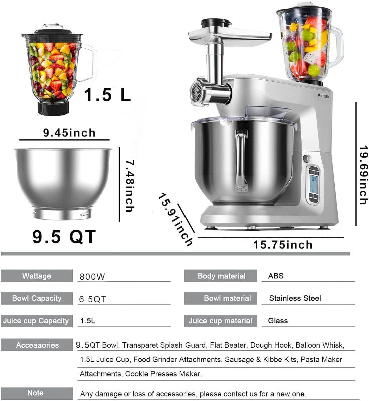 Photo 3 of (READ NOTES) AIFEEL Stand Mixer,9.5 QT LCD Display Electric Kitchen Mixer,Multi-Function Kitchen Noodle Maker with Juice Cup,Dough Hook,Mixing Beater,Whisk, Meat Grinder for Baking Sliver