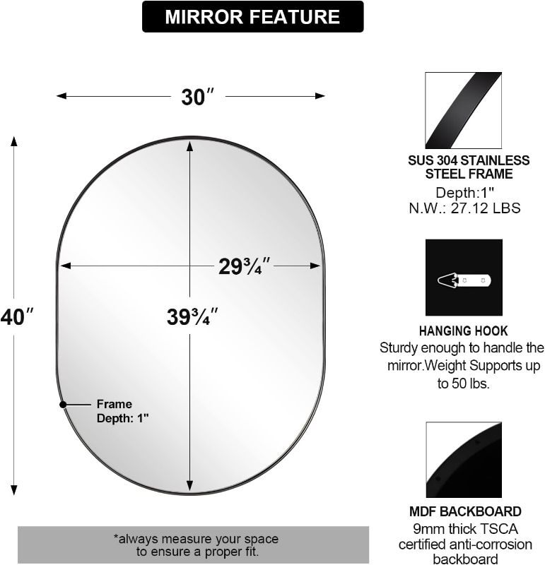 Photo 3 of (READ NOTES) ANDY STAR Black Bathroom Vanity Mirror, 30x40 Inch Large Oval Mirrors for Bathroom, Black Oval Mirror, Oval Vanity Mirror Stainless Steel Metal Frame Wall-Mounted Mirrors Ideal for Bathroom Black 30''x40''