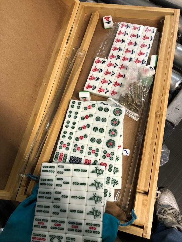 Photo 1 of Guokerlili Mahjong Tiles Set with Foldable Table for Indoor Outdoor Camping, Portable Mahjong Game Kits for Gathering Entertainment - FAIRLY NEW** 