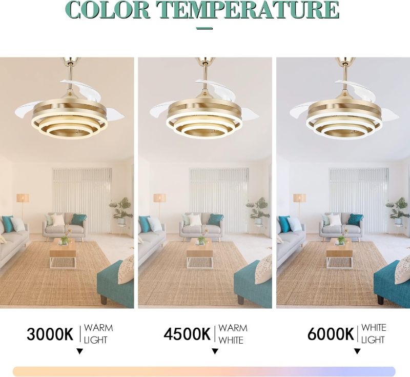 Photo 4 of (READ NOTES) Dawn Whisper 42 Inch Retractable Ceiling Fan, Geometric Circled Retractable Reversible Ceiling Fan with Lights Remote Silent Motor, 6 Speed, 3 Color Change, Timer, Gold Retractable Blade Ceiling Fan