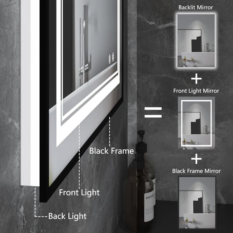 Photo 4 of (READ NOTES) OUMUSU 24" x 36" LED Bathroom Mirror with Black Frame,Dual LED Strips,Front and Backlit Lighted Bathroom Mirror- Anti-Fog, Dimmable, Shatter-Proof, Memory, 3 Colors(Horizontal/Vertical) Black Frame 24" X 36"