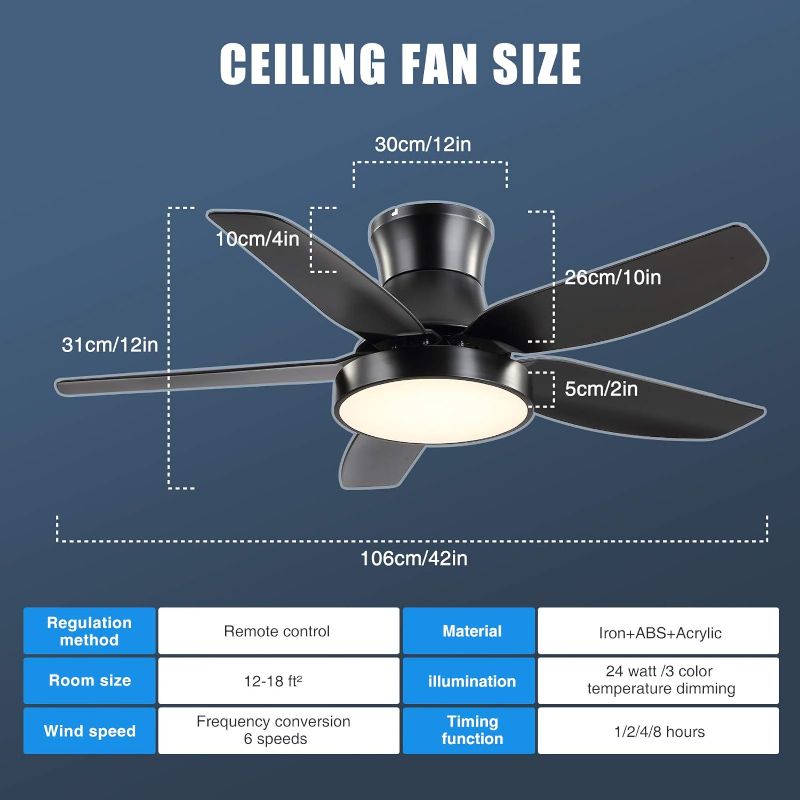 Photo 4 of (READ NOTES) ALUOCYI 42''Low Profile Ceiling Fan with Lights Remote Control, Flush Mount Small Ceiling Fan with 5 blades, 3 Color Change, 6 Speeds for Modern Living Room, Bedroom, Indoor, Patios Outdoor, Black