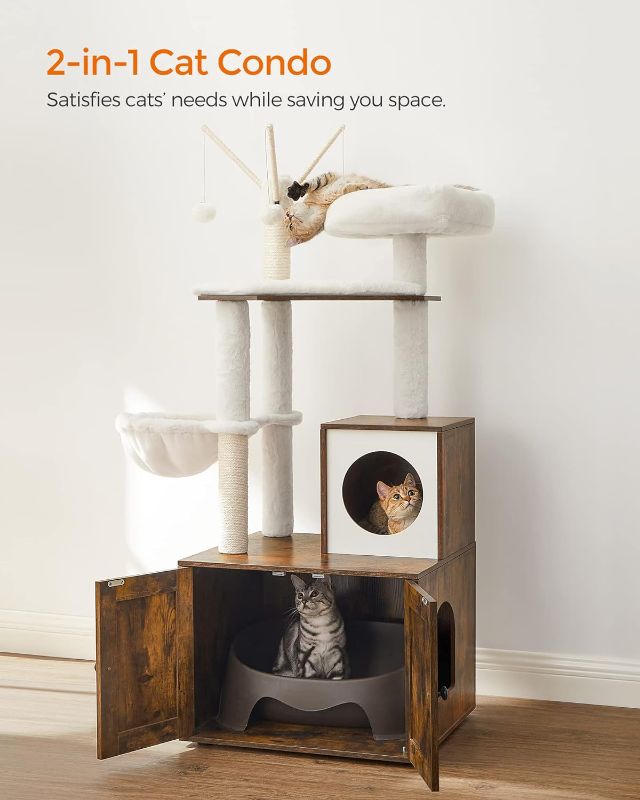 Photo 5 of (READ NOTES) FEANDREA WoodyWonders Cat Tree with Litter Box Enclosure, 2-in-1 Modern Cat Tower, Litter Box Furniture Hidden, Cat Condo with Scratching Posts, Removable Pompom Sticks, Rustic Brown UPCT113X01