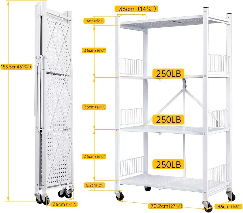 Photo 4 of (READ NOTES) MOLYHOM Folding Storage Shelves, 4-Tier Metal Collapsible Shelves with Wheels, Shelving Units and Storage Rack, Rolling Shelf No Assembly… White 4 Tier