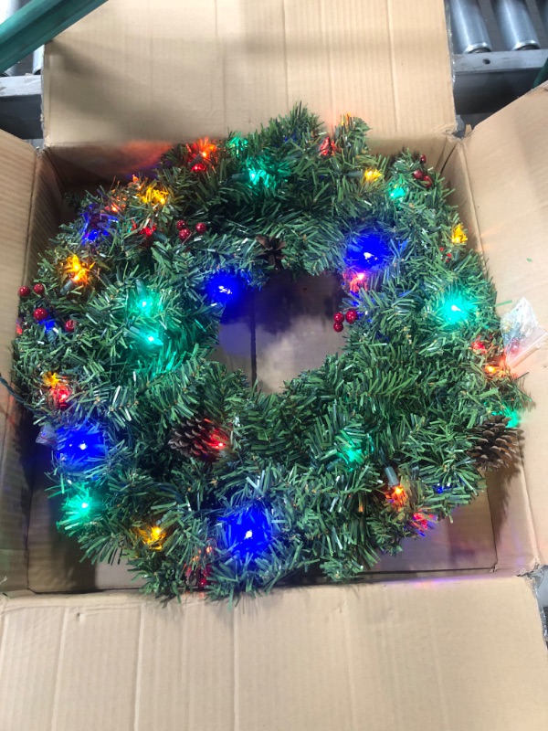 Photo 2 of 24 Inch Lighted Christmas Wreath, Artificial Green Wreath with 50 LED Multicolor Lights (Multicolor)