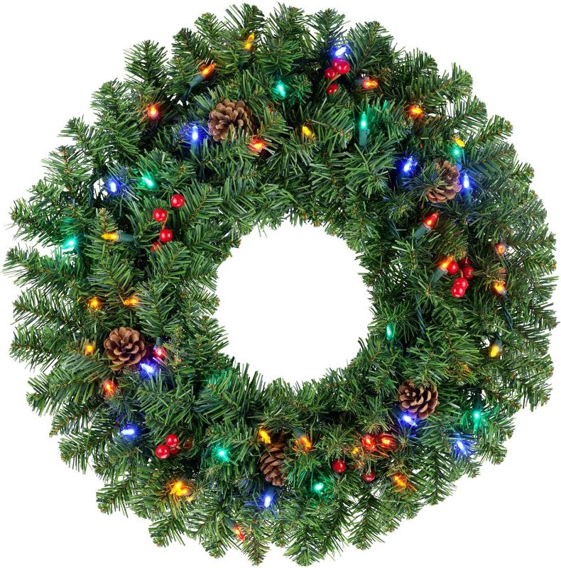 Photo 1 of 24 Inch Lighted Christmas Wreath, Artificial Green Wreath with 50 LED Multicolor Lights (Multicolor)