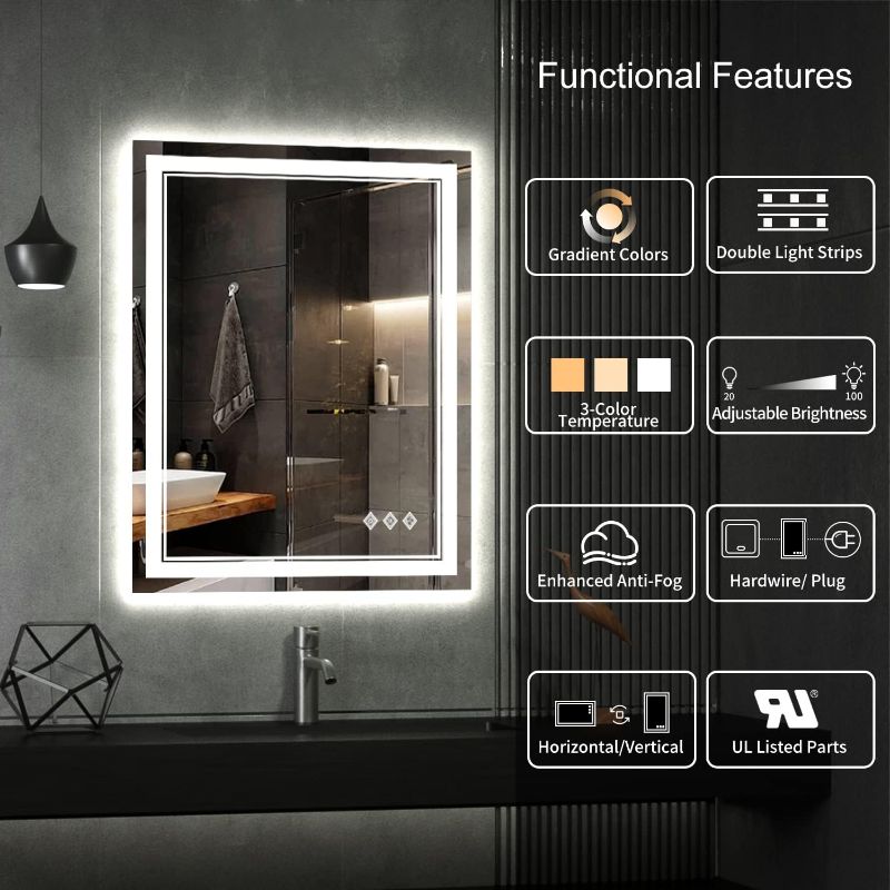 Photo 3 of (READ NOTES) VanPokins LED Bathroom Mirror, 24x32 Inch Gradient Front and Backlit LED Mirror for Bathroom, 3 Colors Dimmable CRI>90 Double Lights, IP54 Enhanced Anti-Fog, Hanging Plates Wall Mount Lighted Mirror
