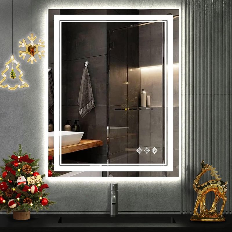 Photo 1 of (READ NOTES) VanPokins LED Bathroom Mirror, 24x32 Inch Gradient Front and Backlit LED Mirror for Bathroom, 3 Colors Dimmable CRI>90 Double Lights, IP54 Enhanced Anti-Fog, Hanging Plates Wall Mount Lighted Mirror
