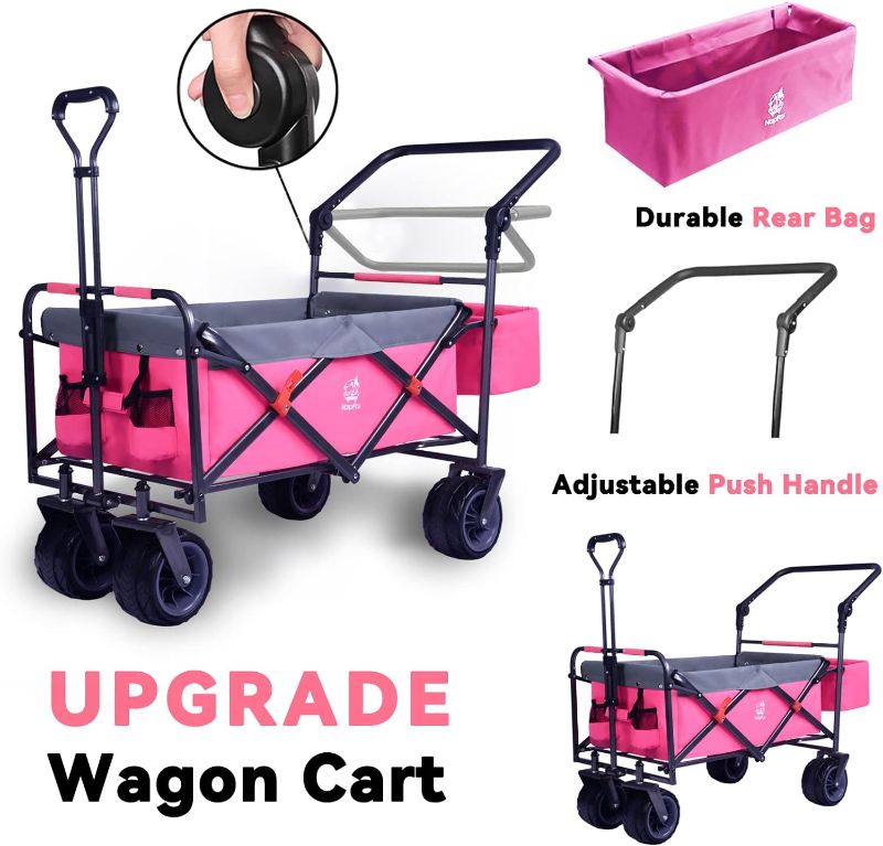 Photo 3 of (READ NOTES) Collapsible Folding Wagon Cart Utility Wagon with Rear Bag Adjustable Push Pull Handle, All Terrain Beach Wagon with Big Wheel for Sand, Heavy Duty Foldable Beach Cart for Sand (Pink-Gray)