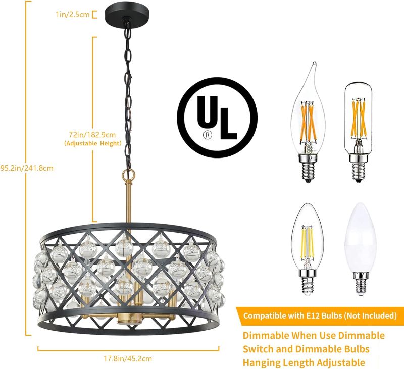 Photo 4 of (READ NOTES) KARMIQI Crystal Chandeliers for Bedrooms 17.8 inch 4-Lights Modern Farmhouse Large Chandelier Crystal with Adjustable Chain Black Industrial Pendant Light Fixtures for Kitchen Island Dining Room Large Black Gold light