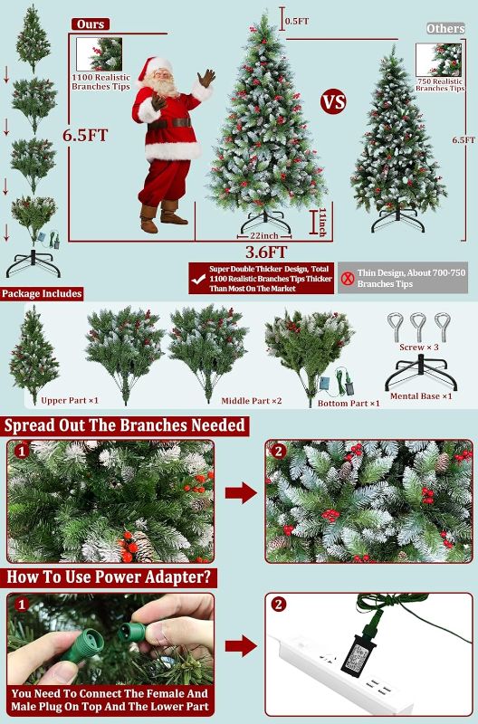 Photo 3 of (READ NOTES) 11 Modes & Dual Color Switch Change Lights - 6.5 Ft Prelit Artificial Christmas Tree Snow Flocked Thick Full Pine Tree Pinecone Red Berries Hinged Christmas Decoration Indoor Outdoor Xmas Holiday 6.5 Feet