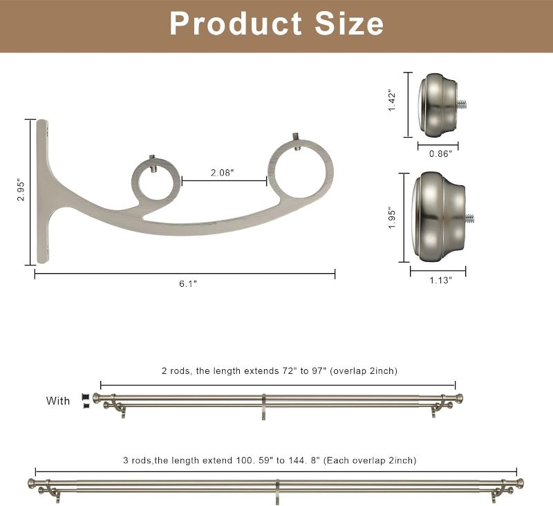 Photo 3 of (READ NOTES) Modern Double Curtain Rods, Matte Nickel Curtain Rod 72-144 Inch Length Drapery Rods with Simple Decorative End Caps 1 Inch Front and 5/8 Inch Diameter Back Dual Curtain Rod Telescoping Window Rods Matte Nickel 72-144"