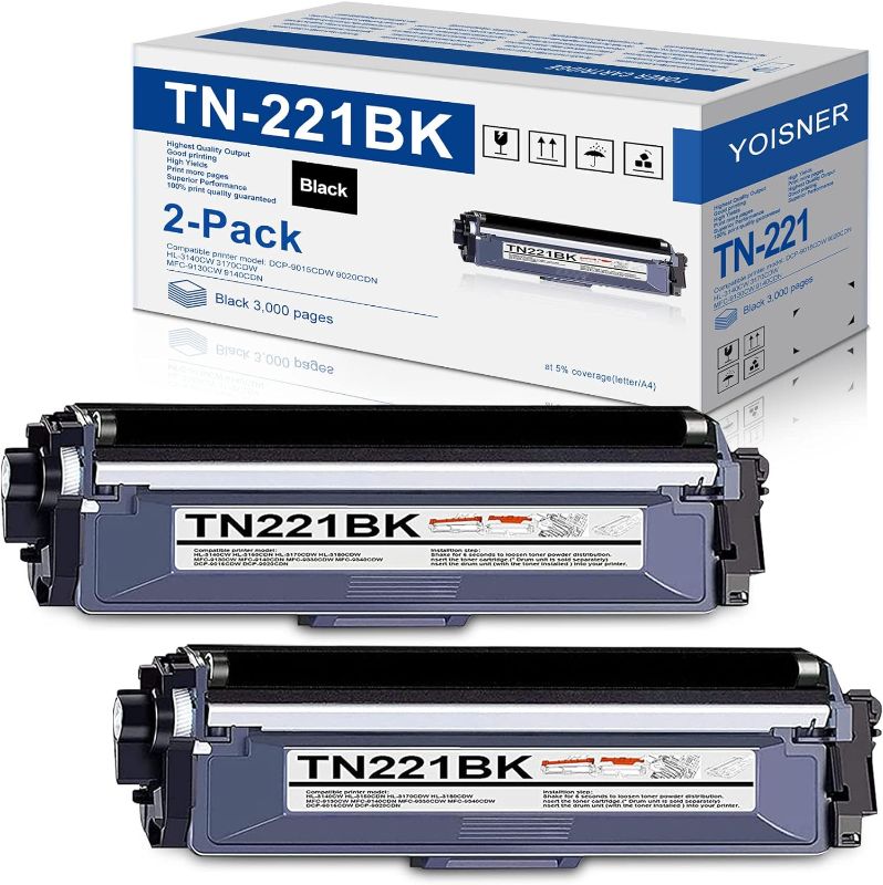 Photo 1 of 2-Pack TN221BK TN-221 Black Toner Cartridge Replacement for Brother TN221 TN-221BK MFC-9130CW HL-3170CDW HL-3140CW MFC-9330CDW Printer
