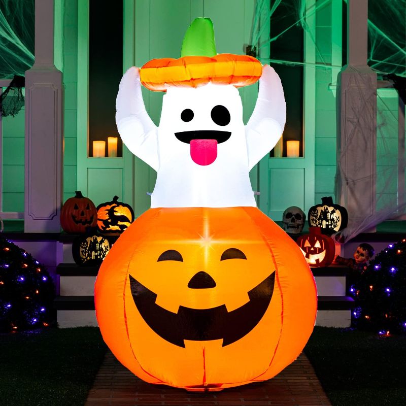 Photo 1 of (READ NOTES) Joiedomi 5 FT Halloween Inflatable Ghost in Pumpkin with Build-in LEDs Blow Up Inflatables for Halloween Party Indoor, Outdoor, Yard, Garden, Lawn Decorations
