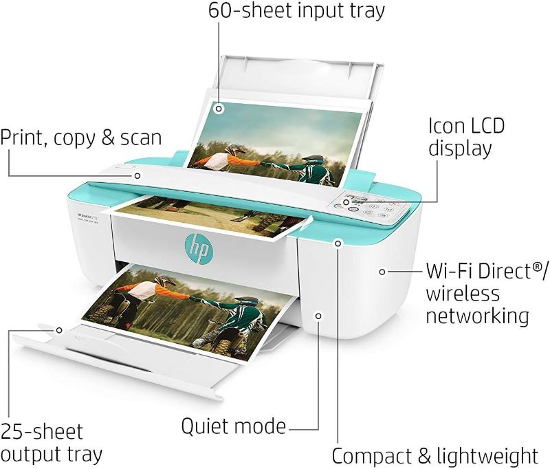 Photo 3 of (READ NOTES0 HP DeskJet 3755 Compact All-in-One Wireless Printer, HP Instant Ink, Works with Alexa - Seagrass Accent (J9V92A)
