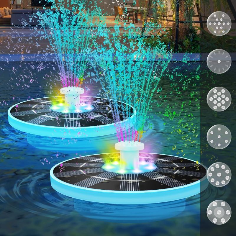 Photo 1 of (READ NOTES) Postlucky Solar Fountain Bird Bath Fountains Pump RGB Color LED Lights Solar Powered Water Fountains with 6 Nozzles IP66 Waterproof Solar Fountain Pump for Garden Swimming Pool Pond Outdoor - Pair