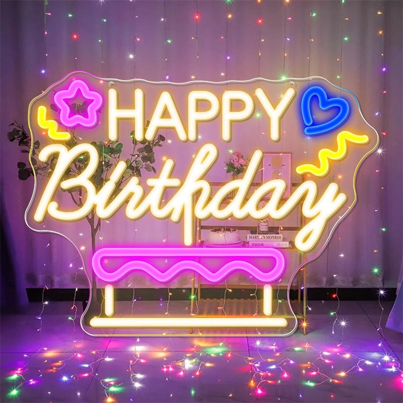Photo 1 of (READ NOTES) Happy Birthday Neon Sign, Dimmable Neon Happy Birthday Sign for Backdrop, Cake Design Happy Birthday Light Up Sign for Birthday Party Decorations, USB Powered
