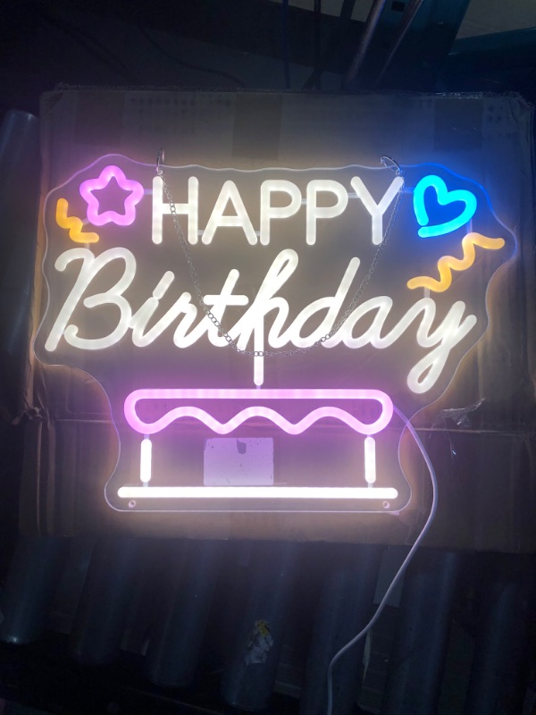 Photo 2 of (READ NOTES) Happy Birthday Neon Sign, Dimmable Neon Happy Birthday Sign for Backdrop, Cake Design Happy Birthday Light Up Sign for Birthday Party Decorations, USB Powered