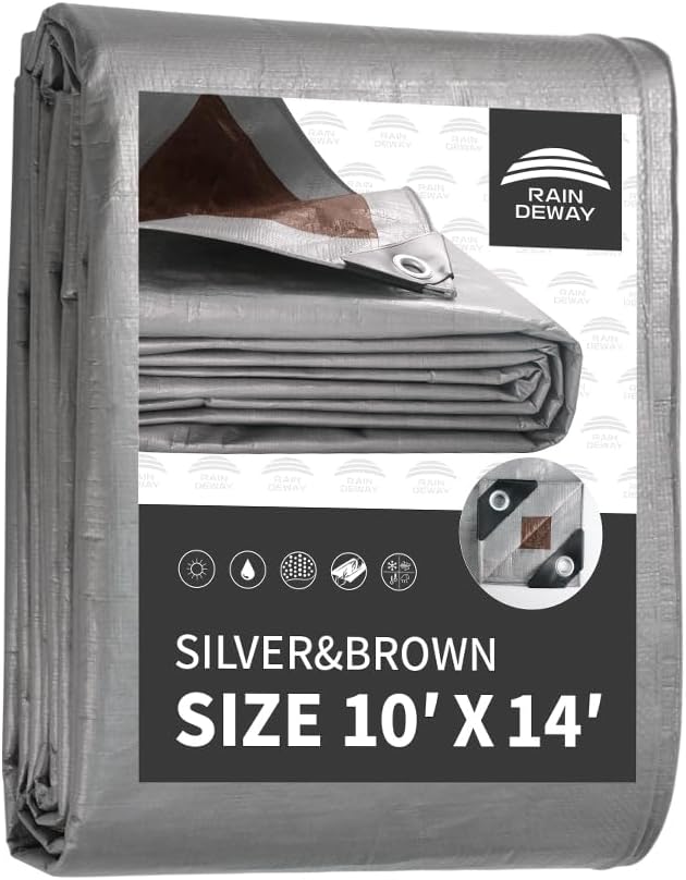 Photo 1 of (READ NOTES) RAINDEWAY Tarps Heavy Duty Waterproof 10x14 Feet, 10Mil Multipurpose Poly Tarp Cover with Metal Grommets and Reinforced Edges, Silver/Brown Tarp by RAINDEWAY