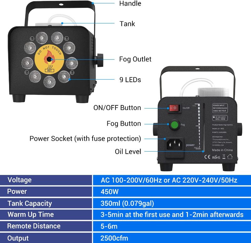 Photo 3 of (READ NOTES) Fog Machine, Theefun Smoke Machine with 9 Stage LED Lights & 12 Colors, 2500CFM Fog with Strobe Effect, Halloween Fog Machine with Wireless Remote Control for Wedding Party Halloween and Stage Effect
