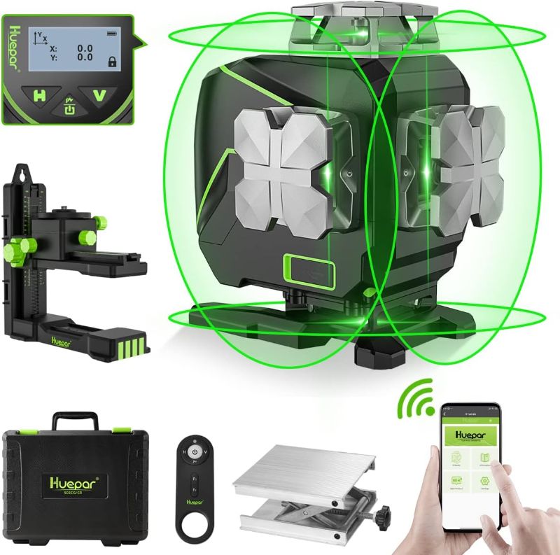 Photo 1 of (READ NOTES) Huepar 16 Lines Self-Leveling Laser Level 4 x 360 Cross Line Laser with LCD Screen, 4D Bluetooth Green Beam Tiling Floor Laser Tool -360 Horizontal/Vertical...
