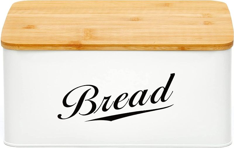 Photo 1 of (READ NOTES) RoyalHouse Modern Metal Bread Box with Bamboo Cutting Board Lid, Bread Storage Container for Kitchen Counter, Vintage Kitchen Decor Organizer
