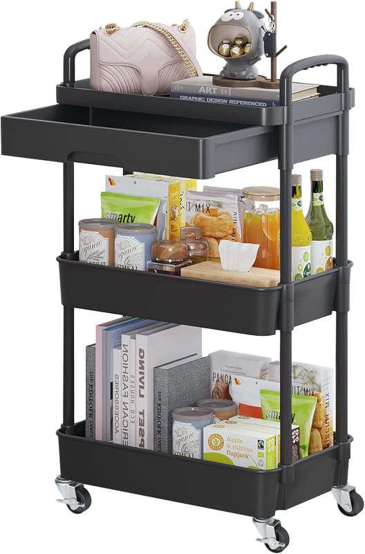 Photo 1 of (READ NOTES) Calmootey 3-Tier Rolling Utility Cart with Drawer,Multifunctional Storage Organizer with Plastic Shelf & Metal Wheels,Storage Cart for Kitchen,Bathroom,Living Room,Office,Black
