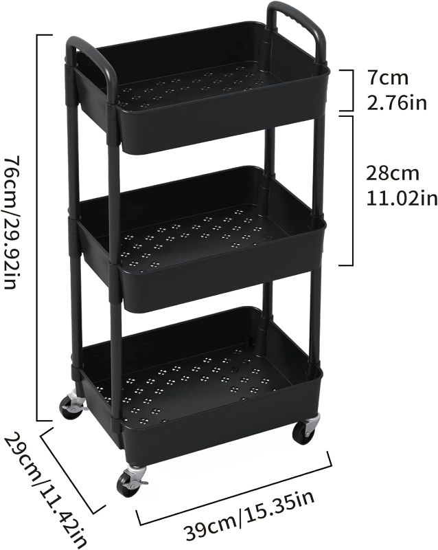 Photo 3 of (READ NOTES) Sywhitta 3-Tier Plastic Rolling Utility Cart with Handle, Multi-Functional Storage Trolley for Office, Living Room, Kitchen, Movable Storage Organizer with Wheels, Black 3-tier Black