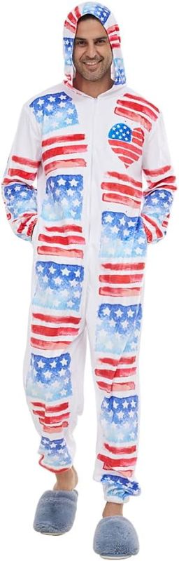 Photo 1 of EraSpooky Adult American Flag Costume Men USA Patriotic Party Plush Onesie Pajamas XL
