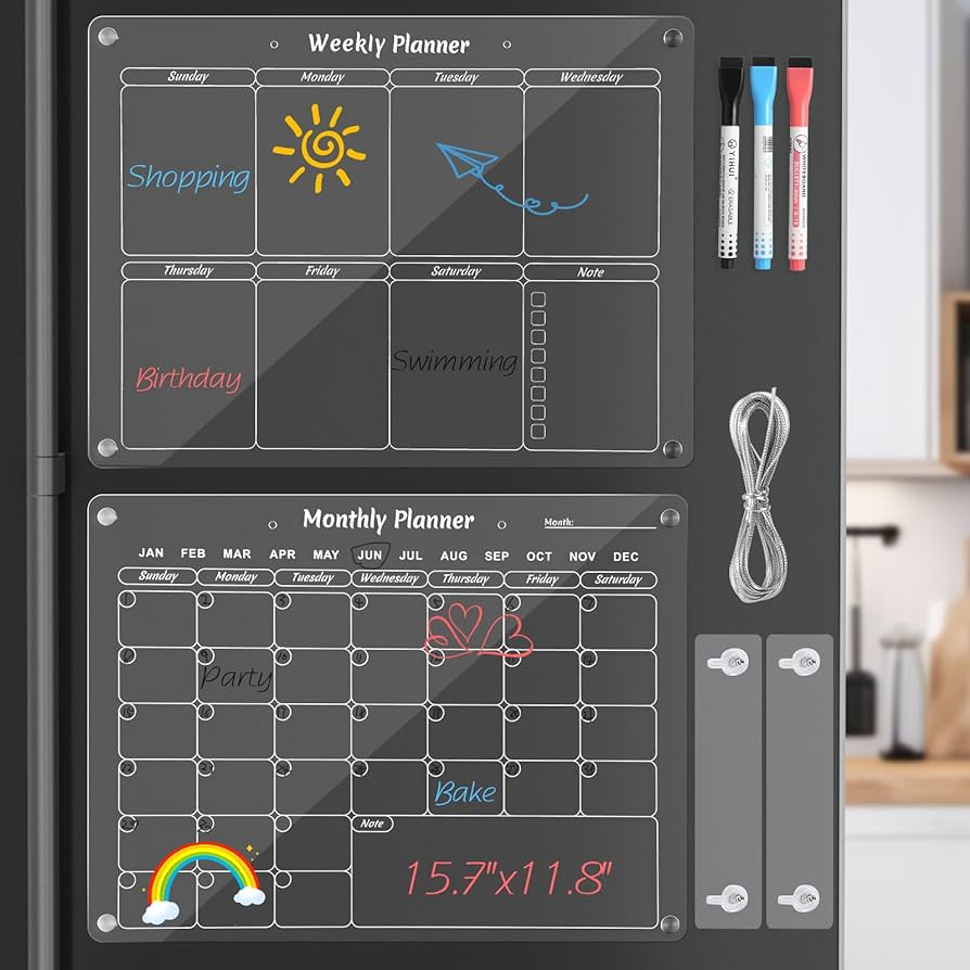 Photo 1 of **Missing wire and markers**
DOCMON 2PCS Fridge Calendar, 15.7"x11.8" Clear Acrylic Magnetic Dry Erase Board