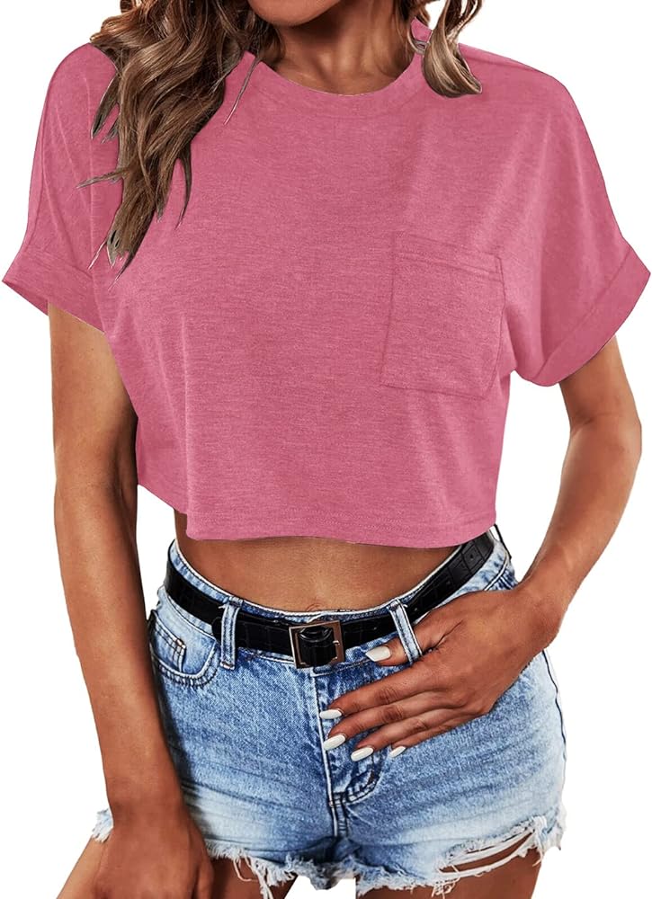 Photo 1 of Dyexces Womens Crop Tops Short Sleeve Crewneck Cropped T Shirt Casual Summer Solid Color Loose Basic Tees with Pockets