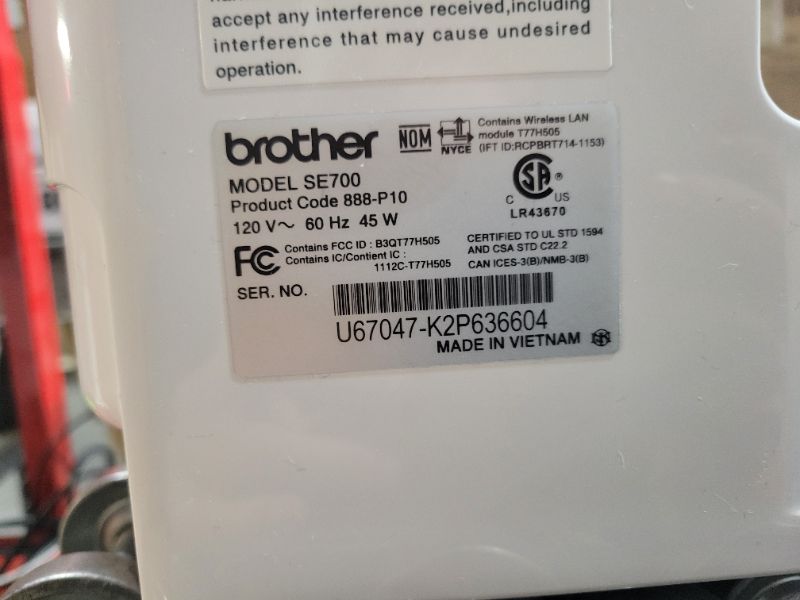 Photo 4 of **SEE NOTES**
Brother SE700 Sewing and Embroidery Machine, Wireless LAN Connected, 135 Built-in Designs, 103 Built-in Stitches, Computerized, 4" x 4" Hoop Area, 3.7" Touchscreen Display, 8 Included Feet