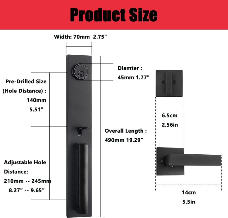 Photo 3 of (READ NOTES) Virego Double Door Handle Set with Dummy, Iron Black Full Escutcheon Double Front Door Handle Set with Key, Heavy Duty Square Door Lever and Single Cylinder Deadbolt Combo Iron Black French Double Door Handle Set