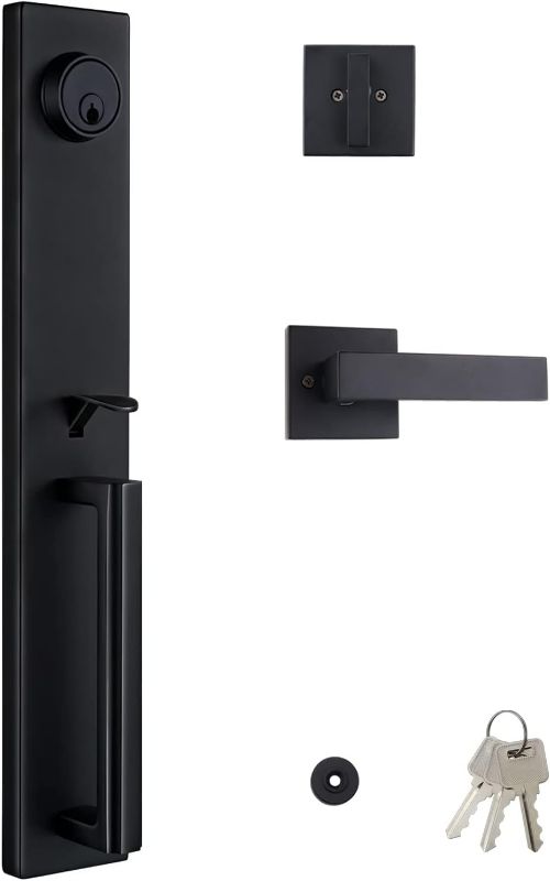 Photo 1 of (READ NOTES) Virego Double Door Handle Set with Dummy, Iron Black Full Escutcheon Double Front Door Handle Set with Key, Heavy Duty Square Door Lever and Single Cylinder Deadbolt Combo Iron Black French Double Door Handle Set