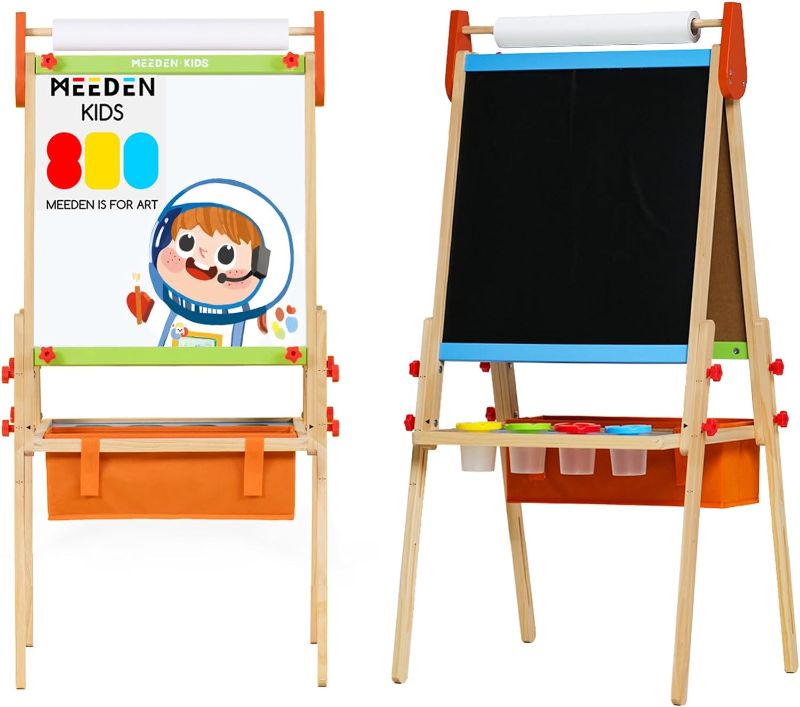 Photo 1 of Kids Wooden Art Easel Double-Sided Whiteboard and Chalkboard Adjustable Standing Easel with Paper Roll Holder,Letters and Numbers Magnets and Other Accessories Gift for Kids Toddlers Boys and Girls