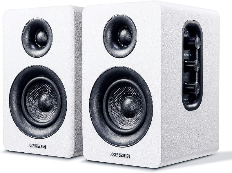 Photo 1 of Sanyun SW208 3" Active Bluetooth 5.0 Bookshelf Speakers – 60W Carbon Fiber Speaker Unit - Built-in 24bit DAC - Dynamic 3D Surround Sound – 2.0 Computer PC Monitor Gaming Speakers WHITE