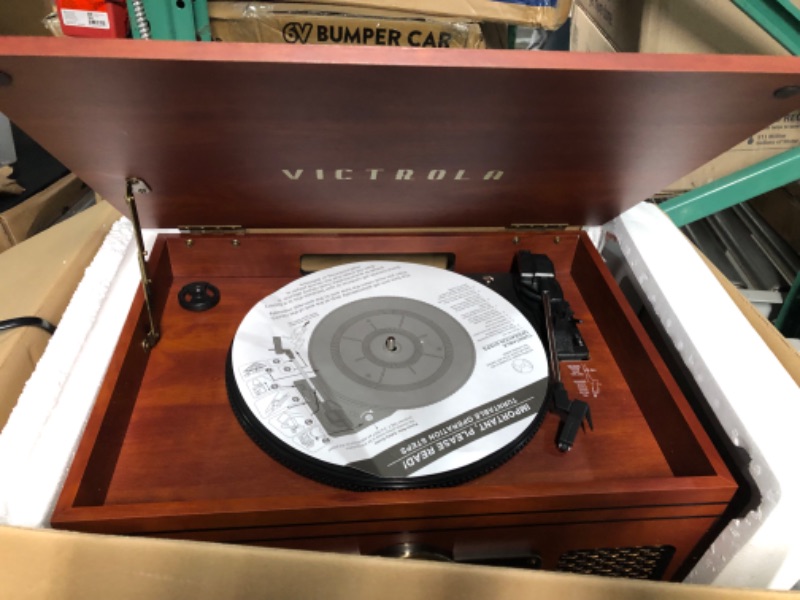 Photo 2 of Victrola Nostalgic 6-in-1 Bluetooth Record Player & Multimedia Center with Built-in Speakers - 3-Speed Turntable, CD & Cassette Player, FM Radio | Wireless Music Streaming | Mahogany Mahogany Entertainment Center