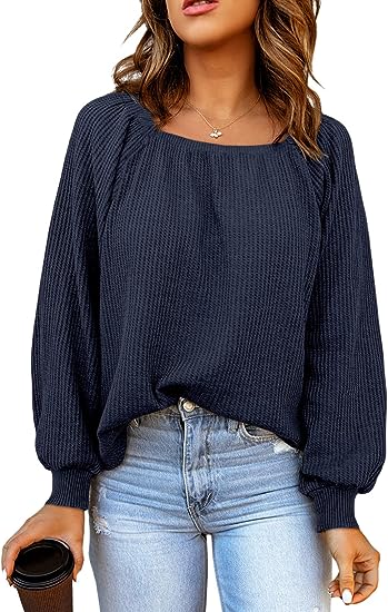 Photo 1 of FARYSAYS Women's Waffle Knit Tops Square Neck Lantern Long Sleeve Casual Loose Blouses Shirts