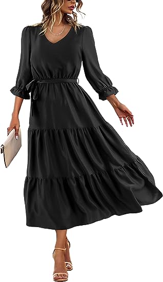 Photo 1 of Florboom Women's V Neck Midi Dress Summer Ruffle 3/4 Sleeve Tiered Belted Maxi Dresses