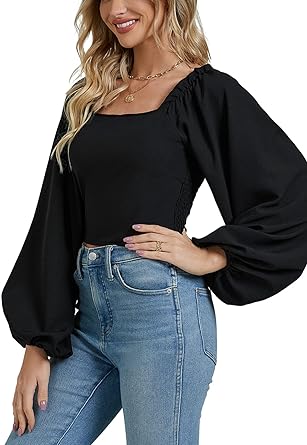 Photo 1 of CNJFJ Women's Sexy Frill Smock Crop Top Retro Square Neck Long Sleeve Shirred