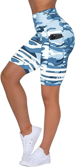 Photo 1 of Esobo Women's High Waisted Camo Yoga Shorts Striped Workout Leggings Tummy Control Fitness Short Pants with Pocket
