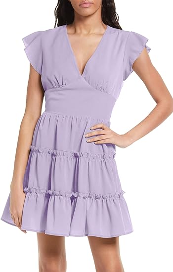 Photo 1 of Esobo Women's Backless V Neck Cap Sleeve Dresses Casual High Waisted Ruffle Tiered A Line Mini Dress
