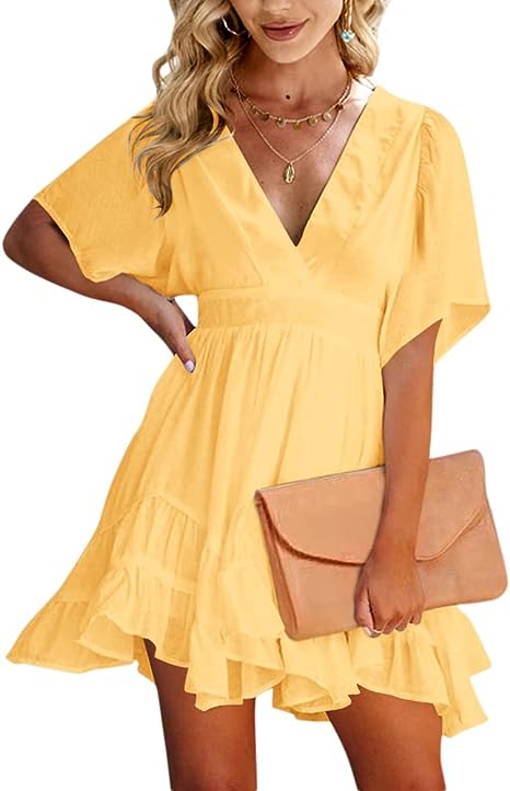 Photo 1 of Esobo Women's Summer V-Neck Short Sleeve Flared Dresses Solid Color Casual Ruffle Hem Mini Swing Skater Dress
