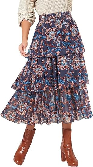 Photo 1 of Caitefaso Women Floral Print Bohemian Long Skirts Swing Tiered Elastic High Waist Pleated Maxi Skirt
